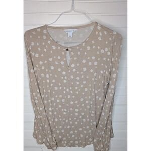 Liz Claiborne Women's Long Sleeve Top Large Beige White Floral Keyhole Front